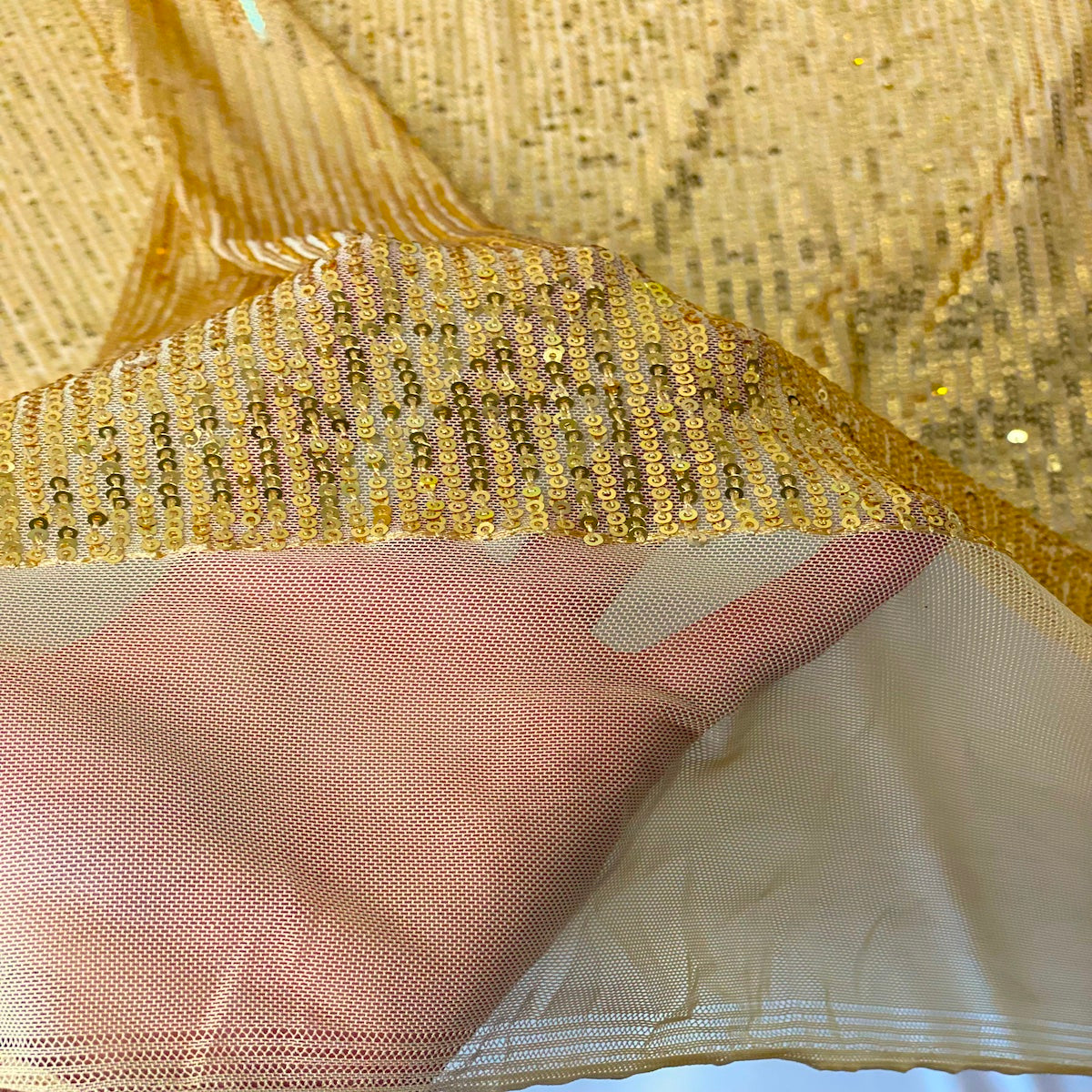Gold Mille Striped Stretch Sequins Lace Fabric - Fashion Fabrics LLC