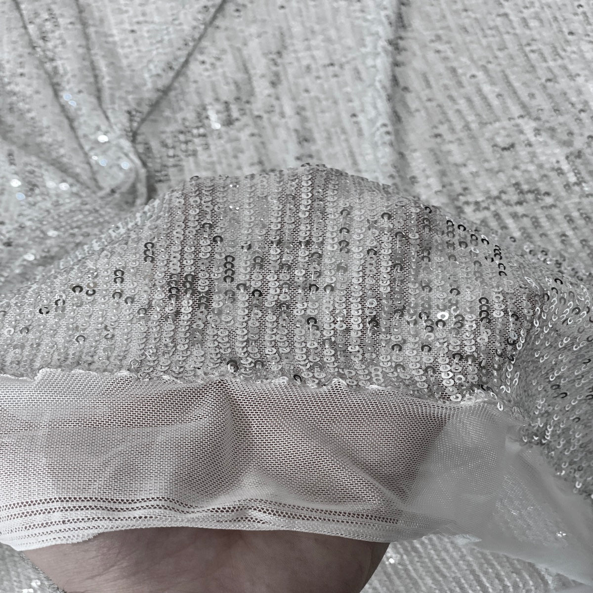 Silver Mille Striped Stretch Sequins Lace Fabric - Fashion Fabrics LLC