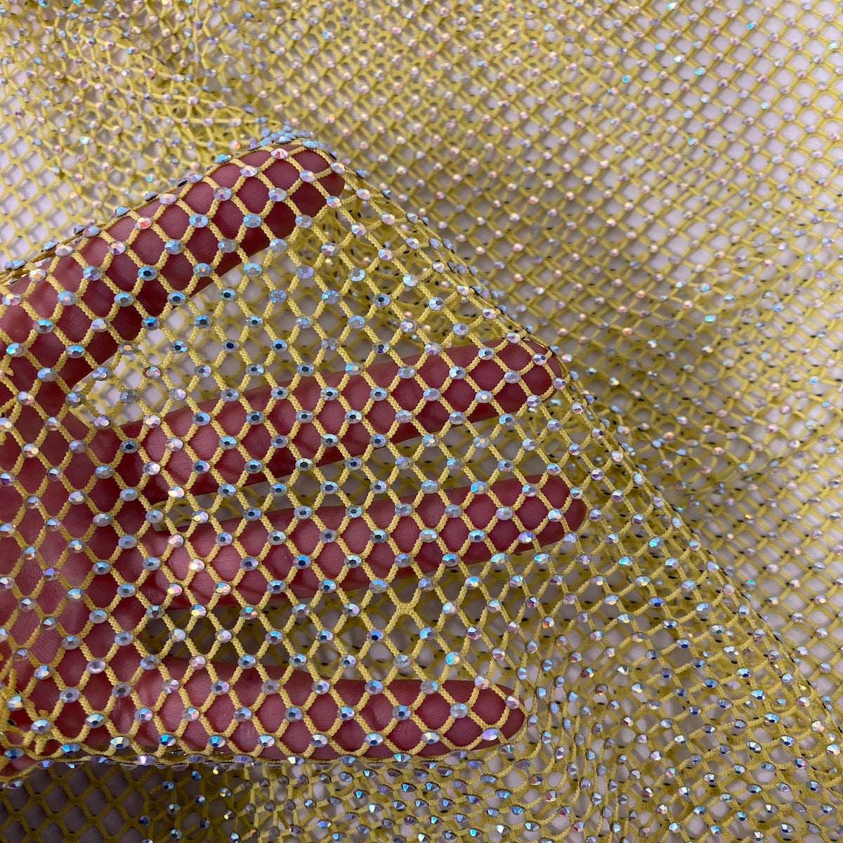 Yellow Serene Iridescent Rhinestone Fishnet Lace Fabric - Fashion Fabrics LLC