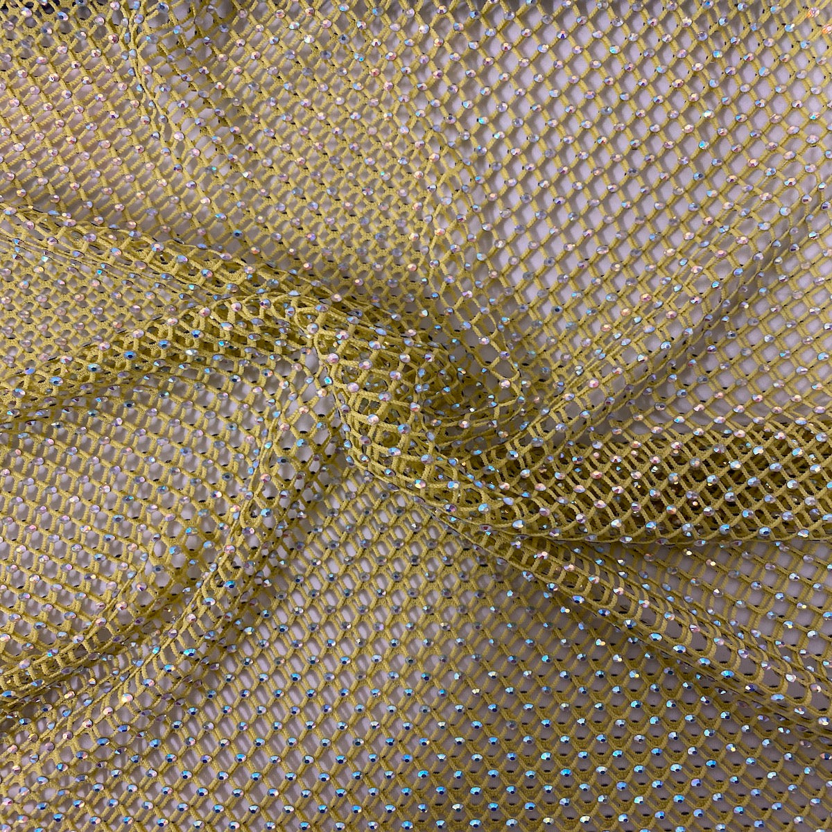 Yellow Serene Iridescent Rhinestone Fishnet Lace Fabric - Fashion Fabrics LLC