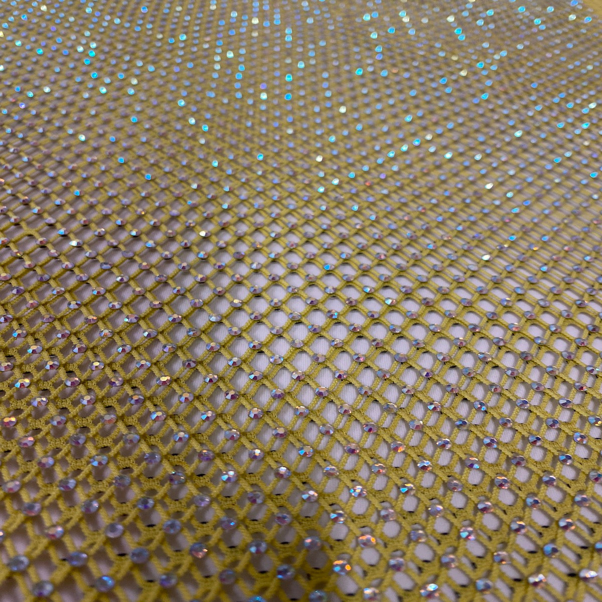 Yellow Serene Iridescent Rhinestone Fishnet Lace Fabric - Fashion Fabrics LLC