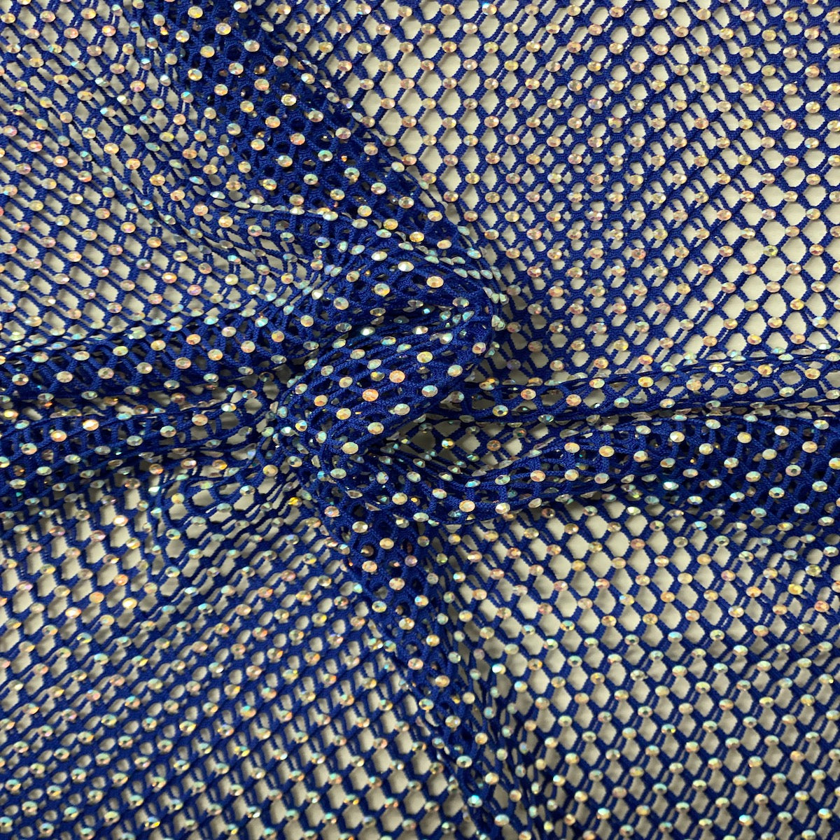 Royal Blue Serene Iridescent Rhinestone Fishnet Lace Fabric - Fashion Fabrics LLC