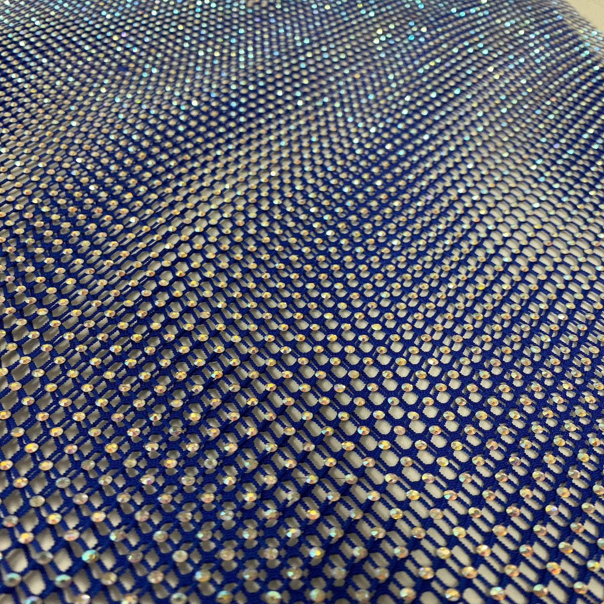 Royal Blue Serene Iridescent Rhinestone Fishnet Lace Fabric - Fashion Fabrics LLC