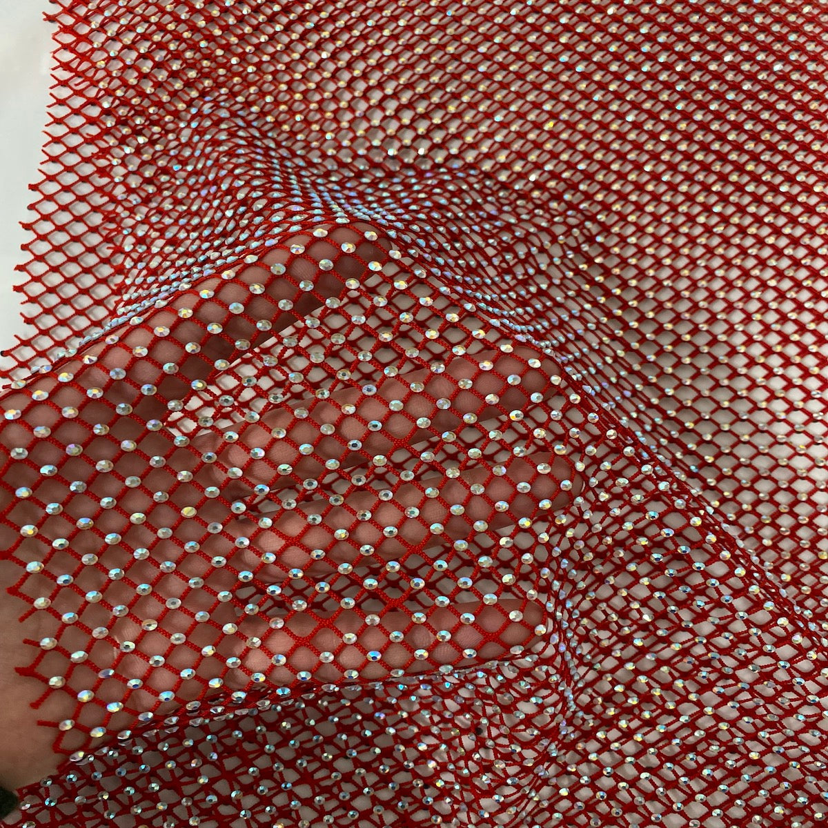 Red Serene Iridescent Rhinestone Fishnet Lace Fabric - Fashion Fabrics LLC