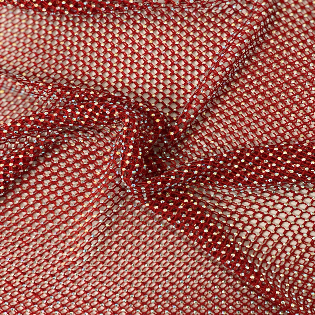 Red Serene Iridescent Rhinestone Fishnet Lace Fabric - Fashion Fabrics LLC