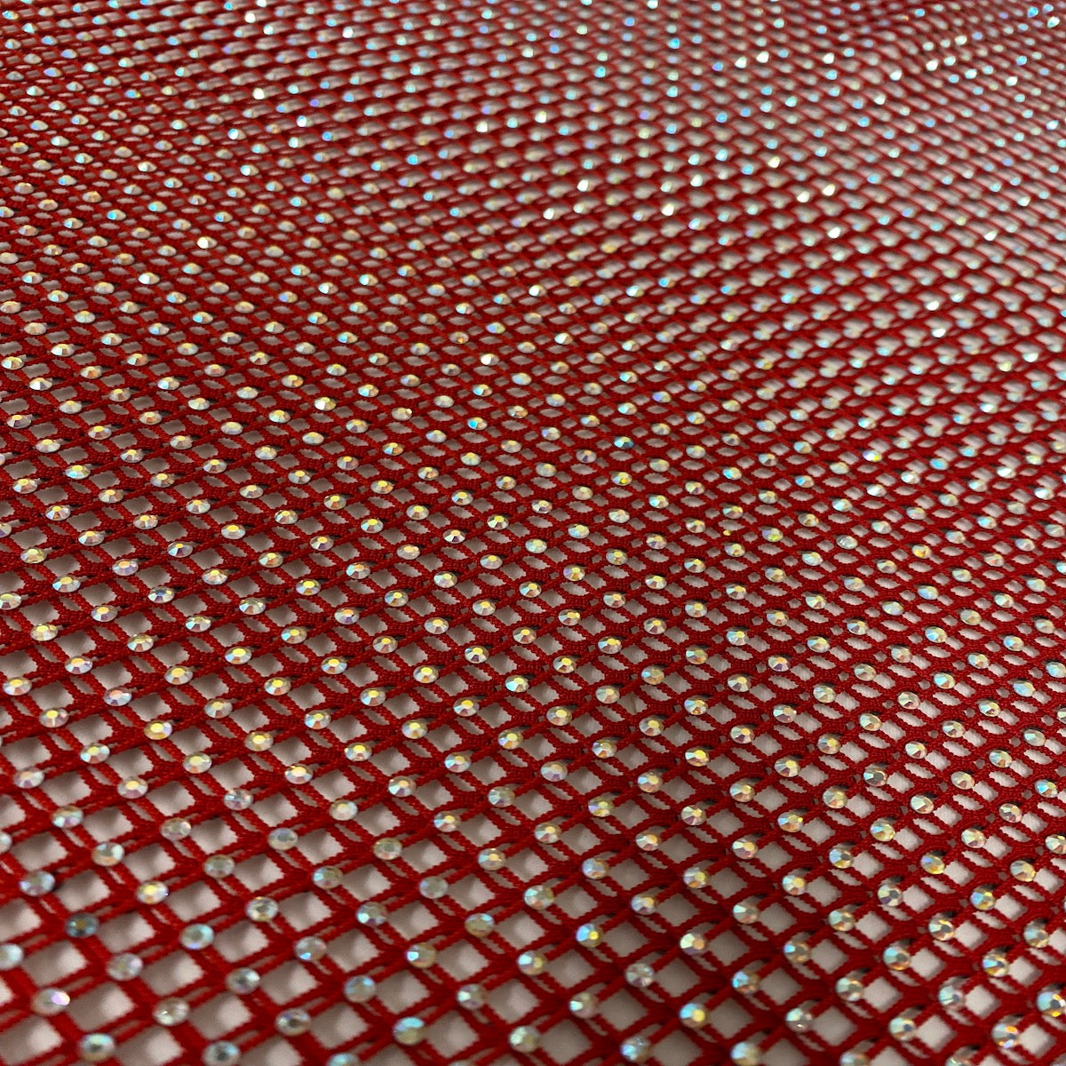 Red Serene Iridescent Rhinestone Fishnet Lace Fabric - Fashion Fabrics LLC