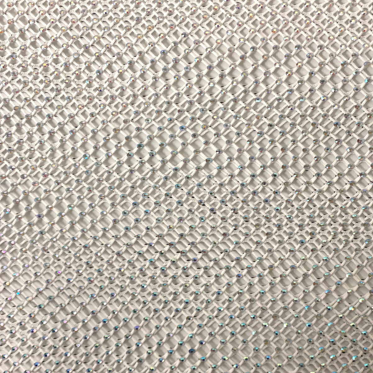 White Serene Iridescent Rhinestone Fishnet Lace Fabric - Fashion Fabrics LLC