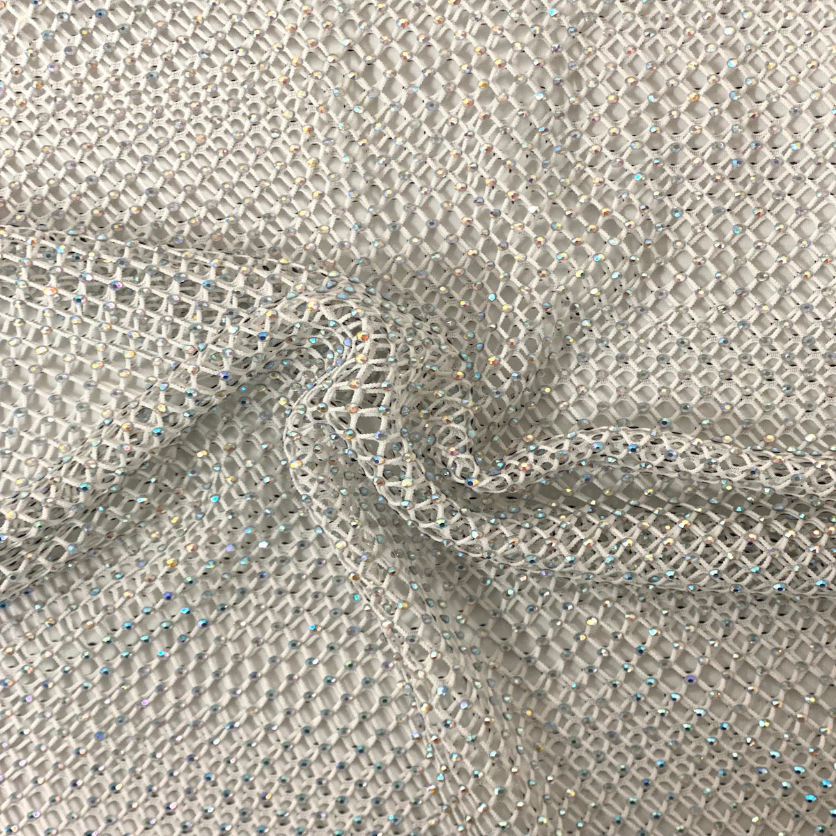 White Serene Iridescent Rhinestone Fishnet Lace Fabric - Fashion Fabrics LLC