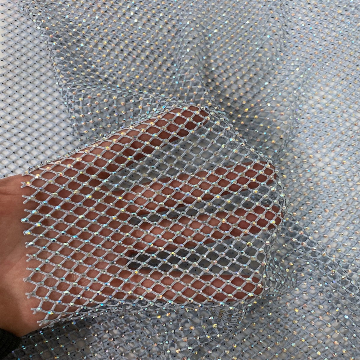 Baby Blue Serene Iridescent Rhinestone Fishnet Lace Fabric - Fashion Fabrics LLC
