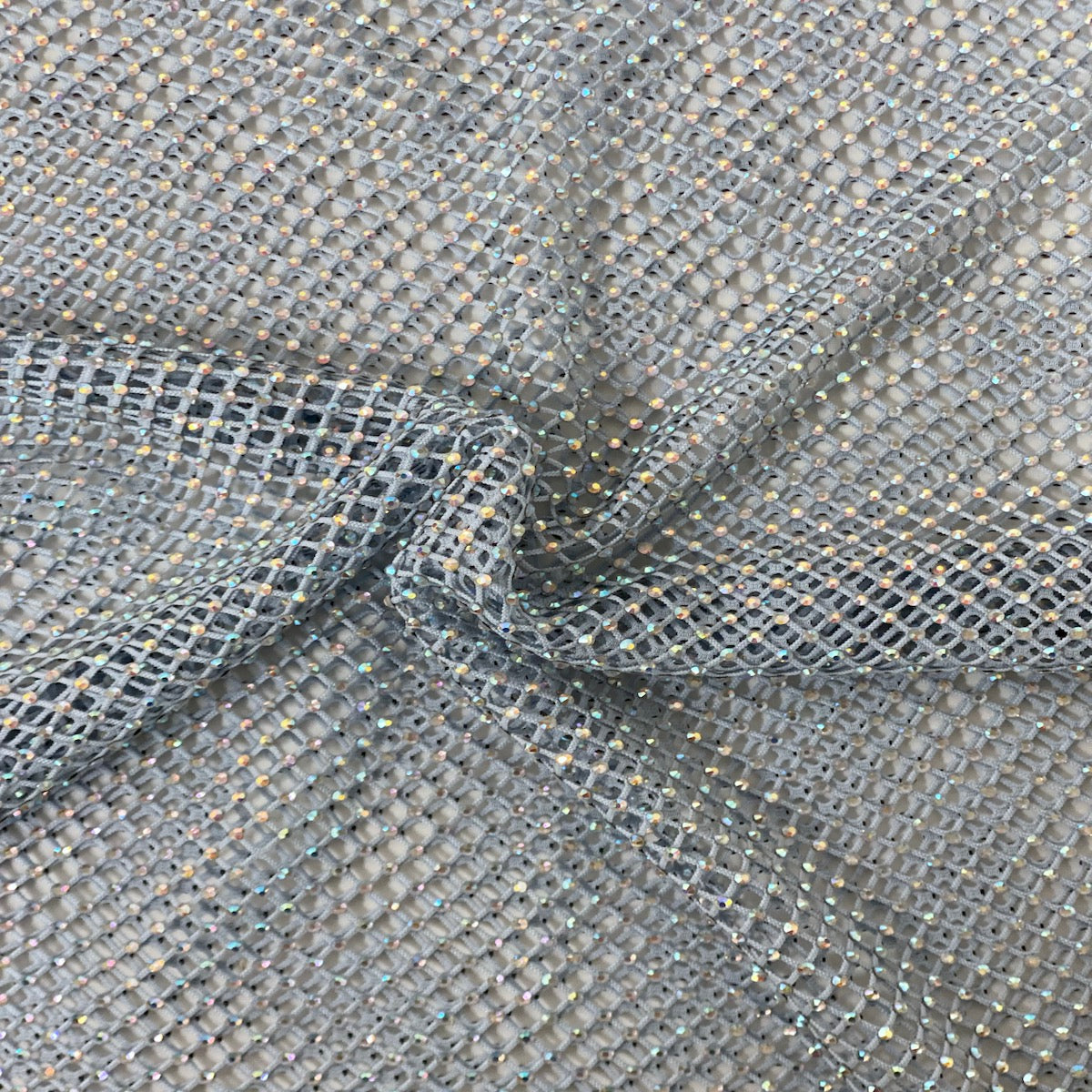Baby Blue Serene Iridescent Rhinestone Fishnet Lace Fabric - Fashion Fabrics LLC