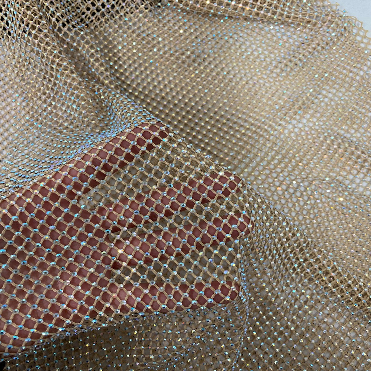 Gold Serene Iridescent Rhinestone Fishnet Lace Fabric - Fashion Fabrics LLC