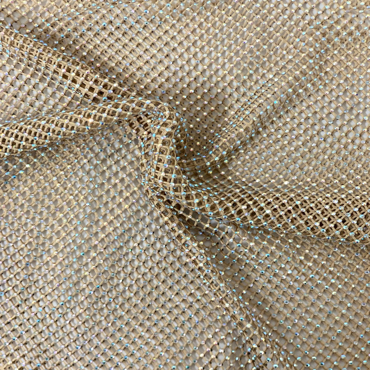 Gold Serene Iridescent Rhinestone Fishnet Lace Fabric - Fashion Fabrics LLC