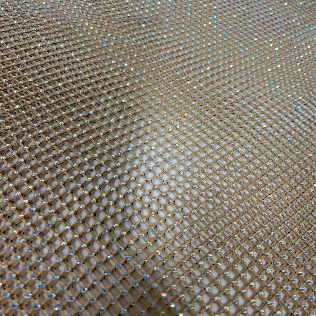 Gold Serene Iridescent Rhinestone Fishnet Lace Fabric - Fashion Fabrics LLC