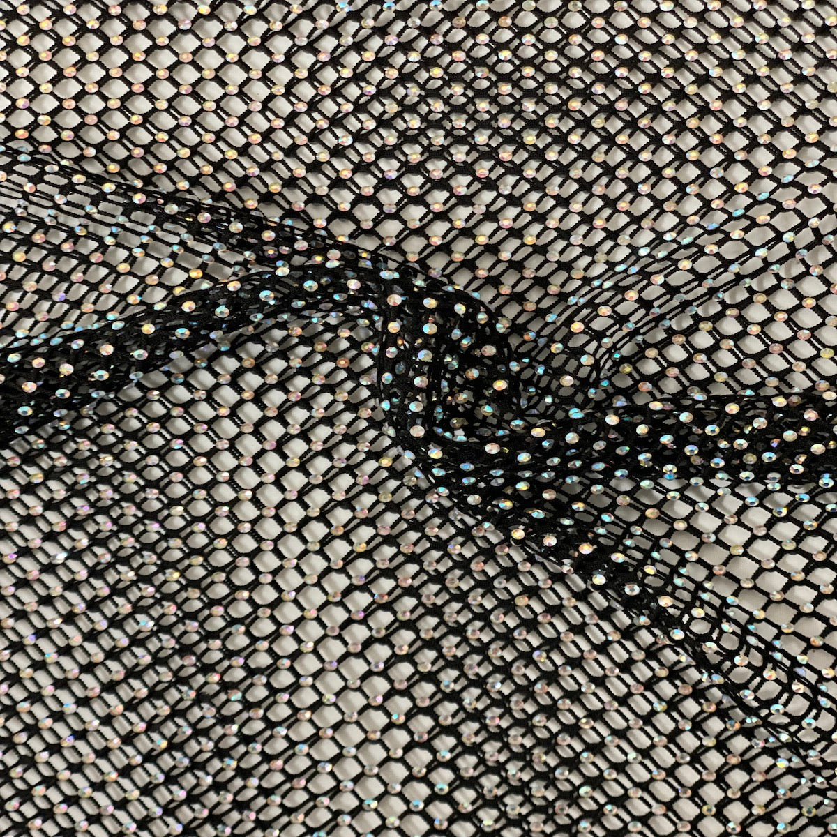 Black Serene Iridescent Rhinestone Fishnet Lace Fabric - Fashion Fabrics LLC