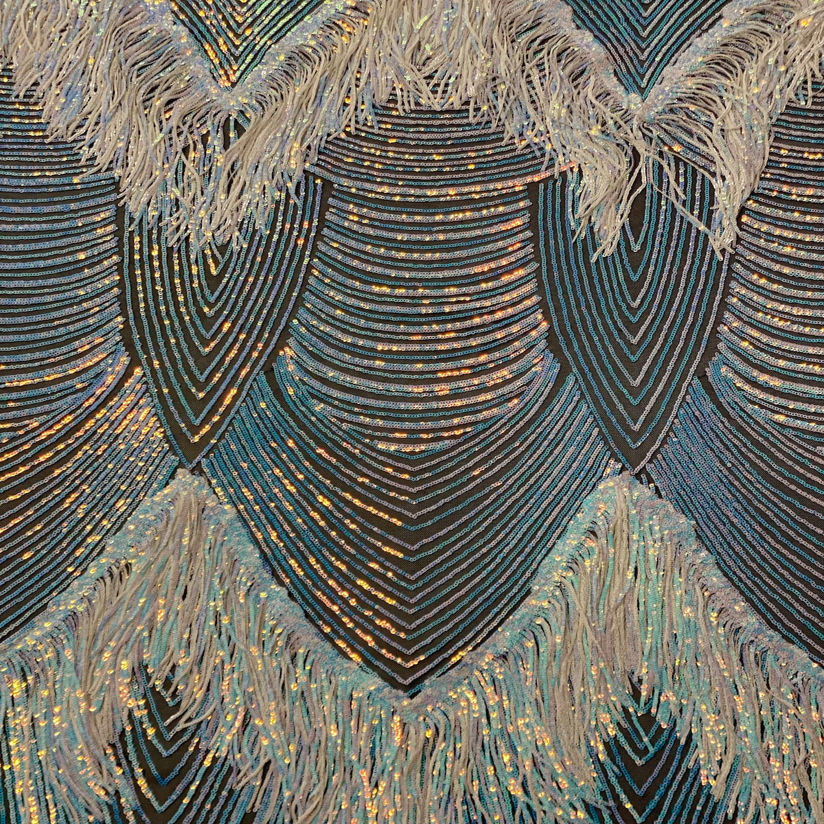Iridescent Blue Black Mesh Flamingo Fringe Sequins Embroidered Fabric - Fashion Fabrics LLC