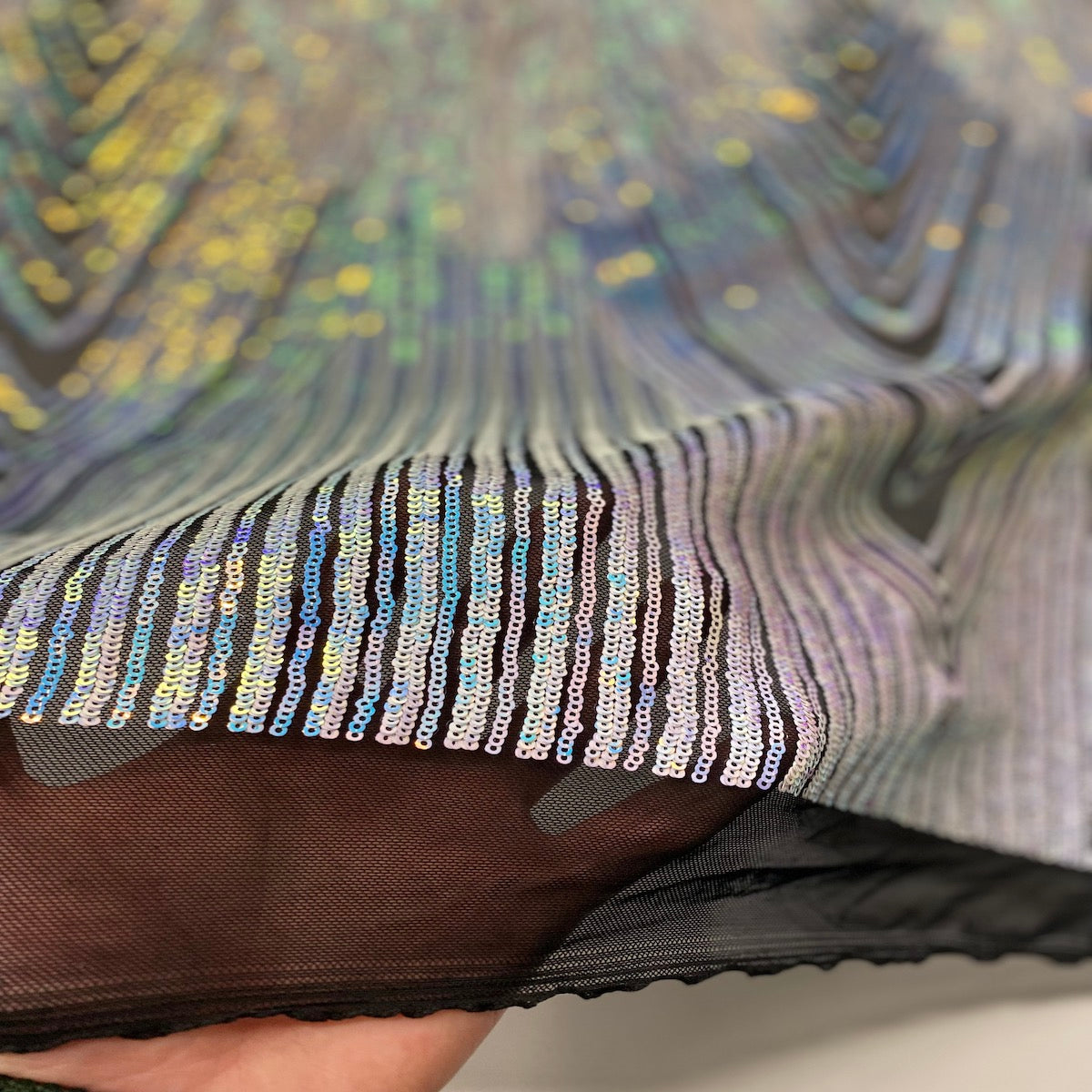 Iridescent Blue Black Mesh Flamingo Fringe Sequins Embroidered Fabric - Fashion Fabrics LLC