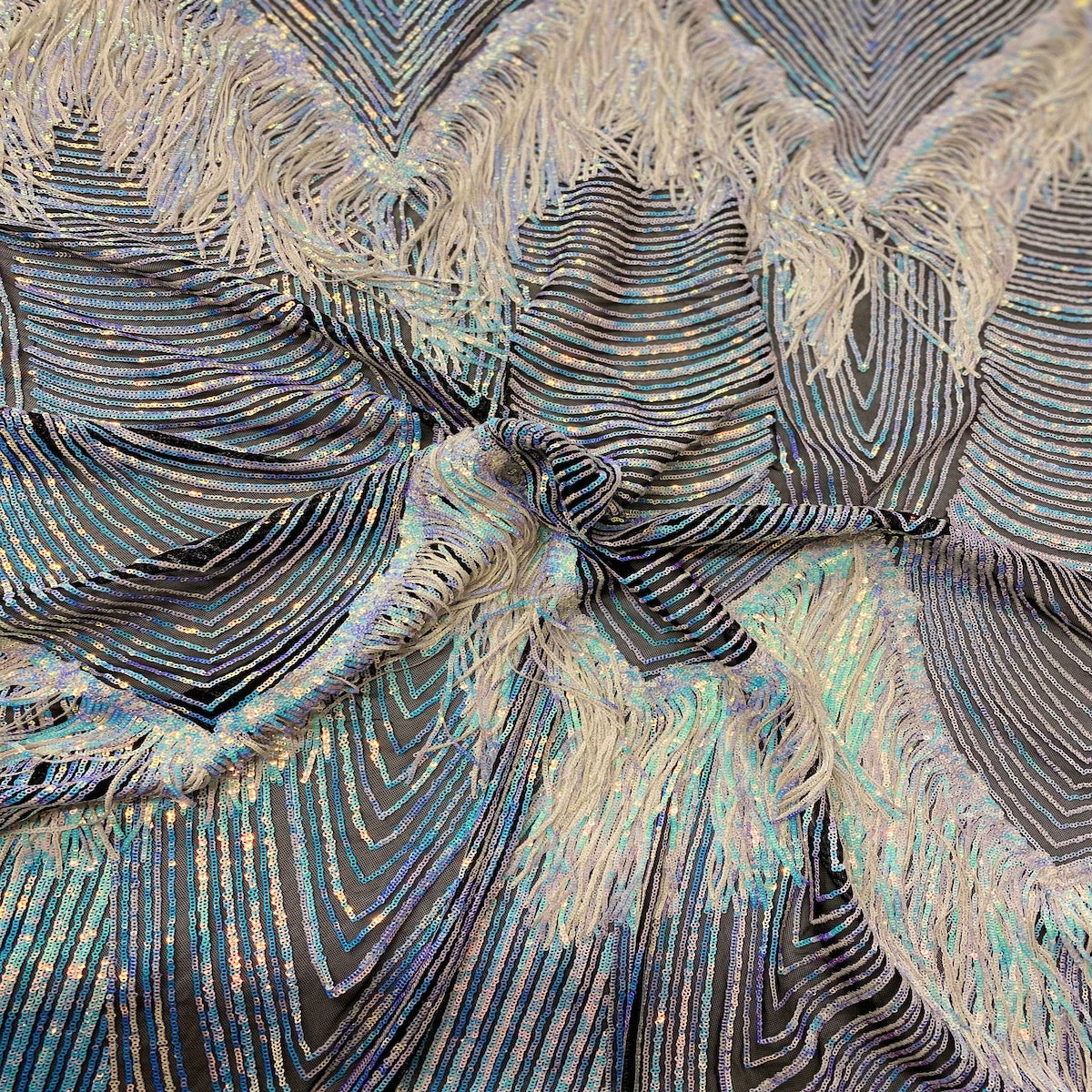 Iridescent Blue Black Mesh Flamingo Fringe Sequins Embroidered Fabric - Fashion Fabrics LLC