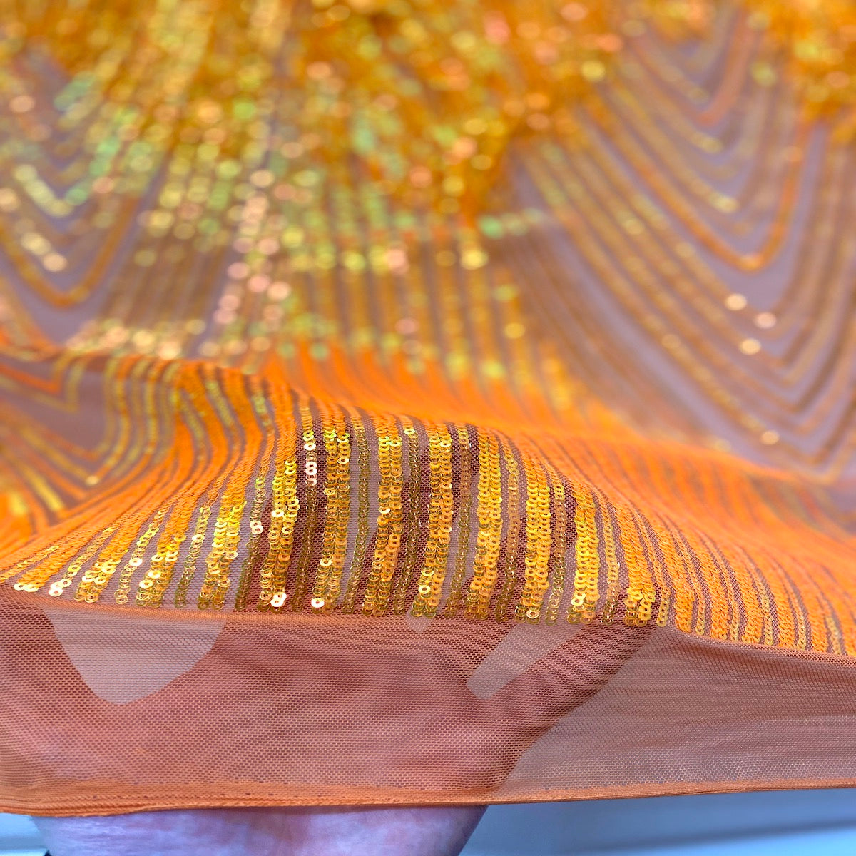 Orange Iridescent Flamingo Fringe Sequins Embroidered Fabric - Fashion Fabrics LLC