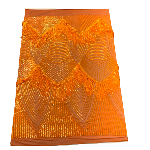 Orange Iridescent Flamingo Fringe Sequins Embroidered Fabric - Fashion Fabrics LLC