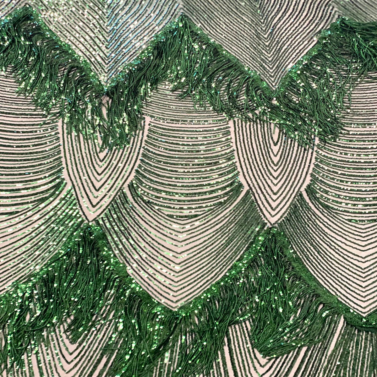 Hunter Green Flamingo Fringe Sequins Embroidered Fabric - Fashion Fabrics LLC