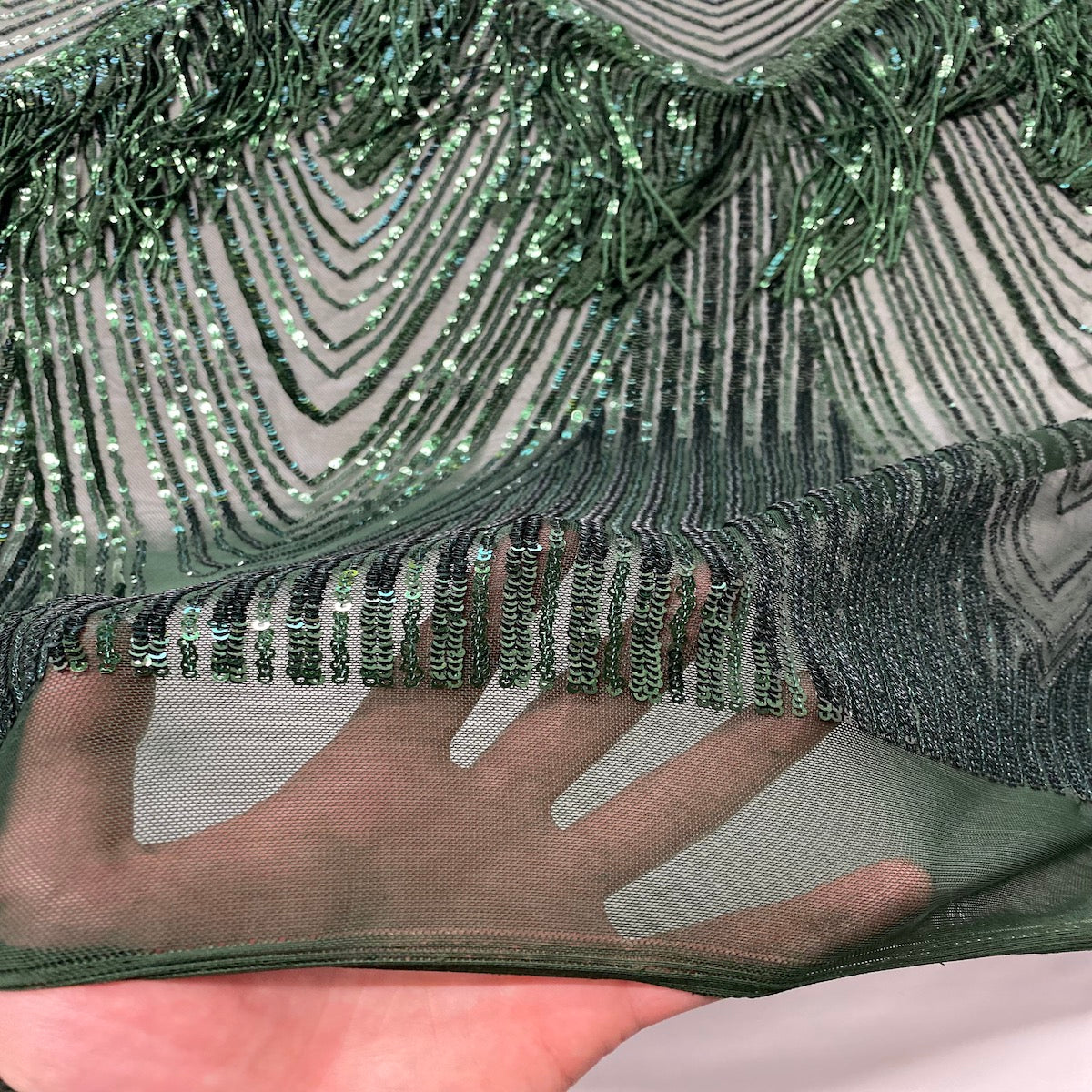 Hunter Green Flamingo Fringe Sequins Embroidered Fabric - Fashion Fabrics LLC