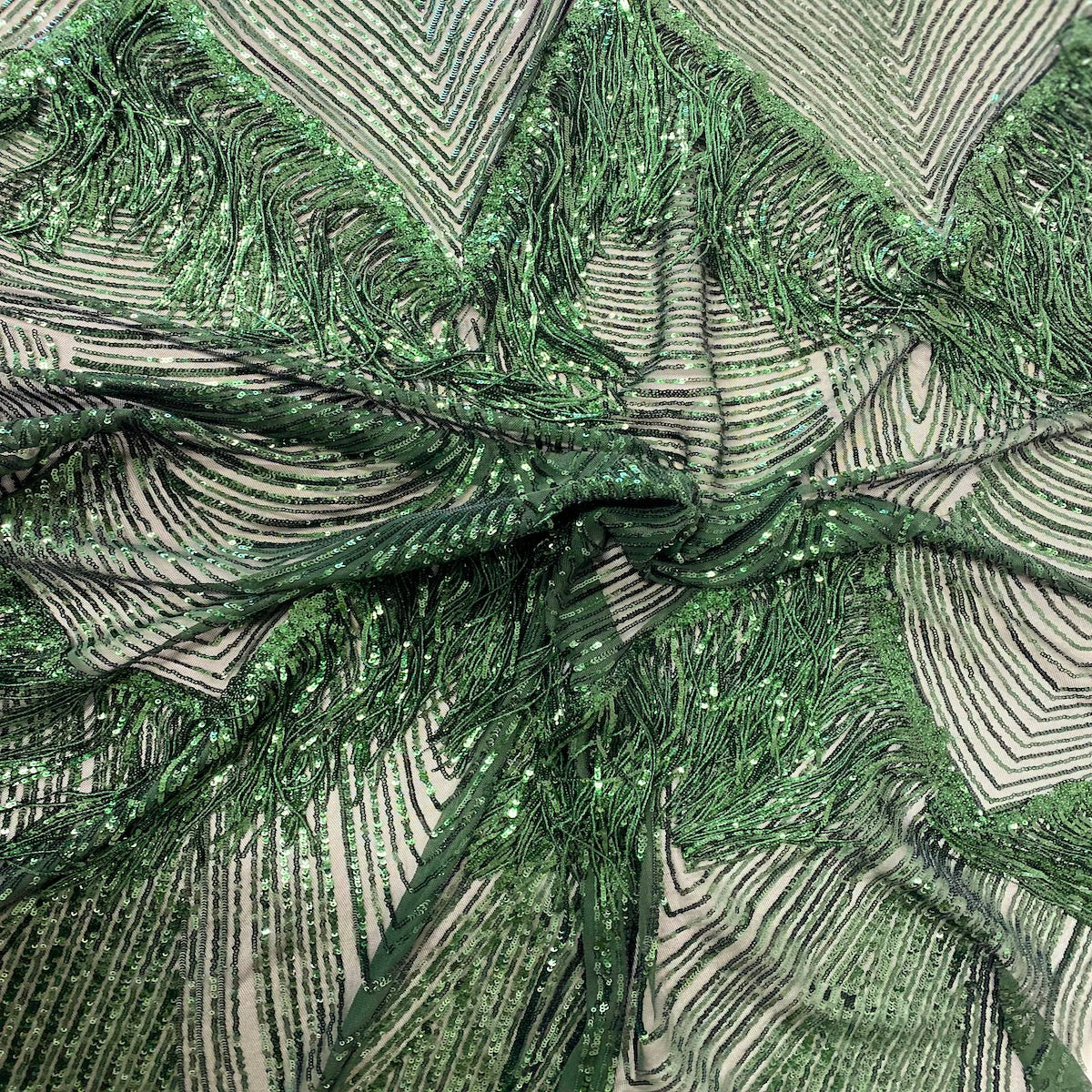 Hunter Green Flamingo Fringe Sequins Embroidered Fabric - Fashion Fabrics LLC