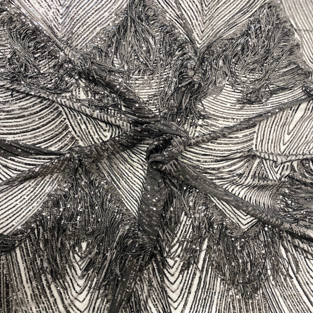 Black Flamingo Fringe Sequins Embroidered Fabric - Fashion Fabrics LLC