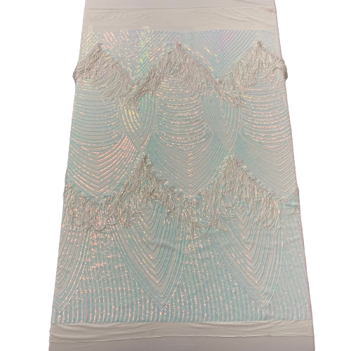 Iridescent Blue White Mesh Flamingo Fringe Sequins Embroidered Fabric - Fashion Fabrics LLC