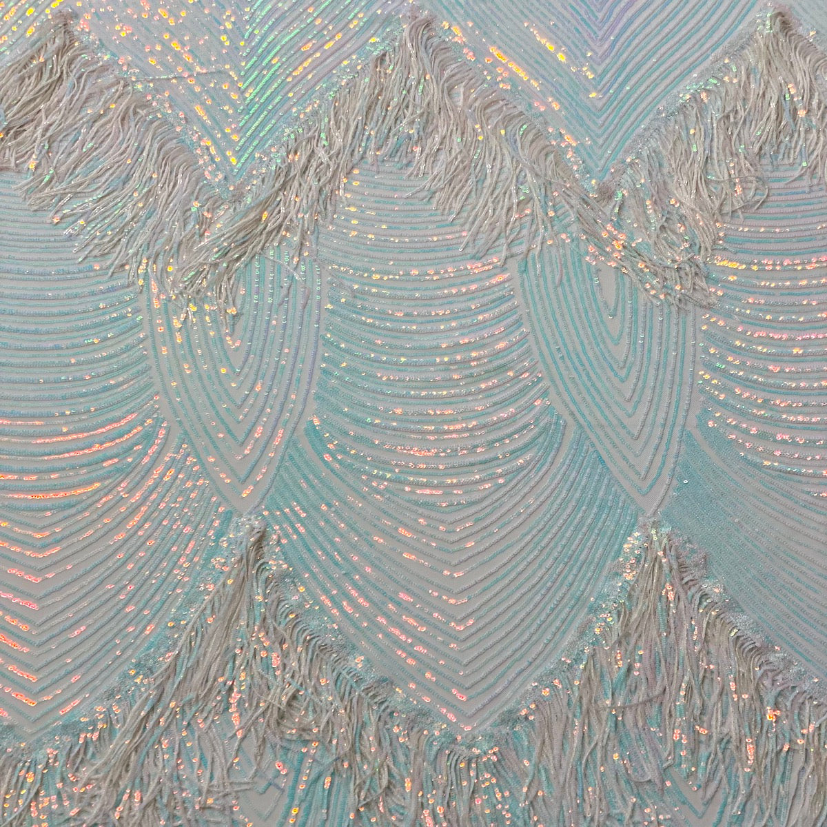 Iridescent Blue White Mesh Flamingo Fringe Sequins Embroidered Fabric - Fashion Fabrics LLC