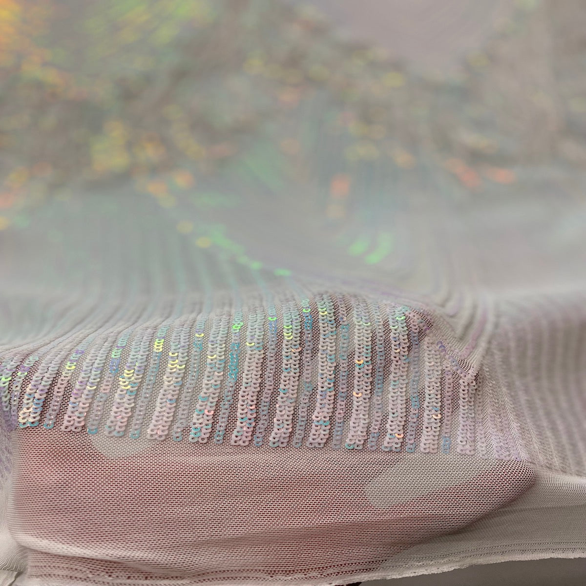 Iridescent Blue White Mesh Flamingo Fringe Sequins Embroidered Fabric - Fashion Fabrics LLC