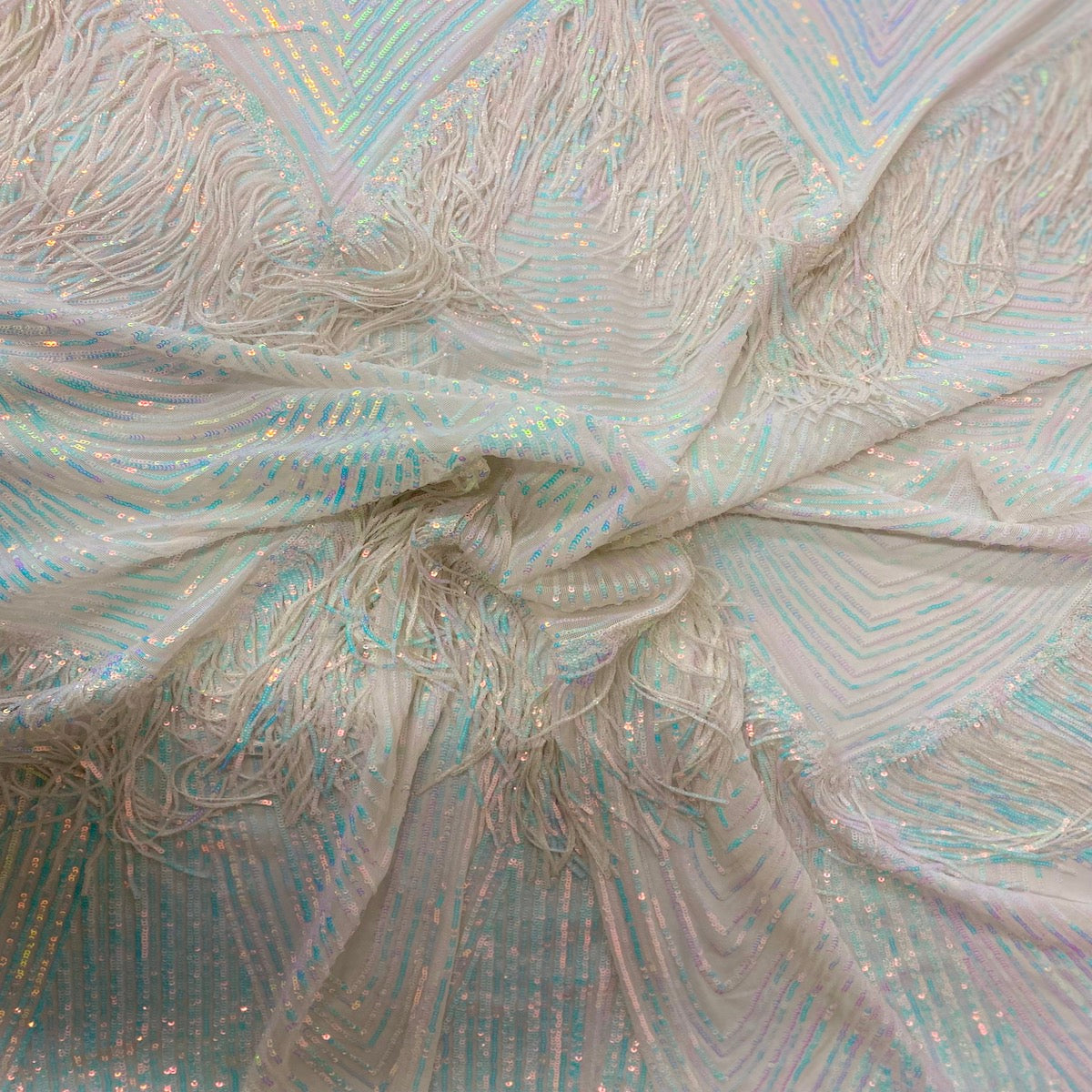 Iridescent Blue White Mesh Flamingo Fringe Sequins Embroidered Fabric - Fashion Fabrics LLC