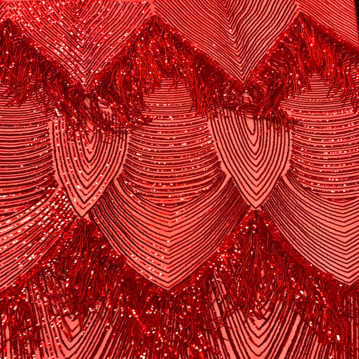 Red Flamingo Fringe Sequins Embroidered Fabric - Fashion Fabrics LLC