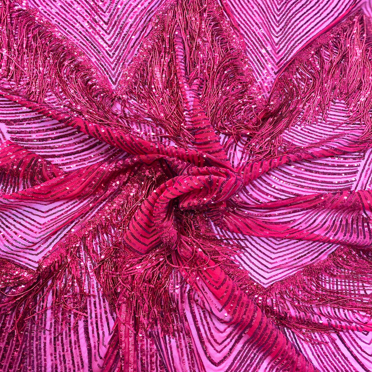 Red Flamingo Fringe Sequins Embroidered Fabric - Fashion Fabrics LLC