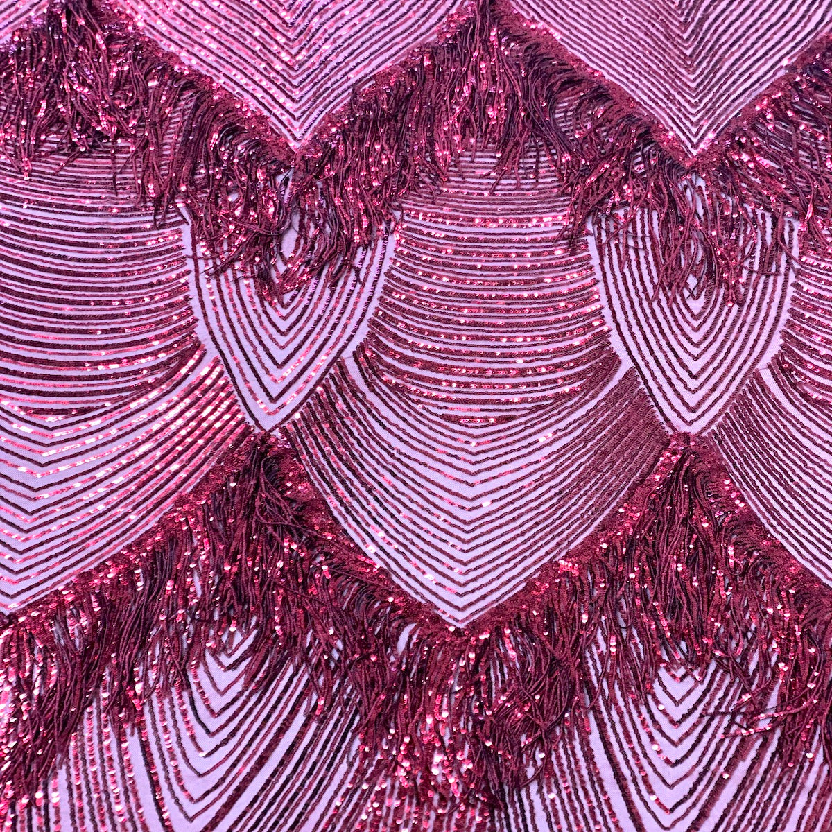 Burgundy Flamingo Fringe Sequins Embroidered Fabric - Fashion Fabrics LLC