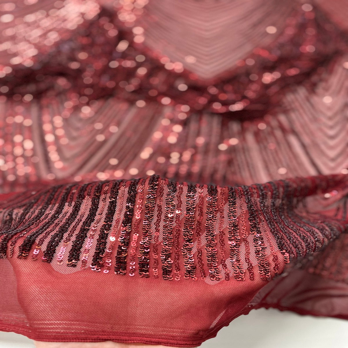 Burgundy Flamingo Fringe Sequins Embroidered Fabric - Fashion Fabrics LLC