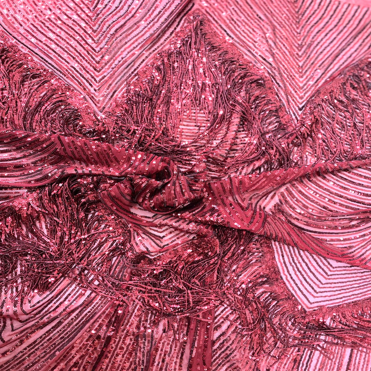 Burgundy Flamingo Fringe Sequins Embroidered Fabric - Fashion Fabrics LLC