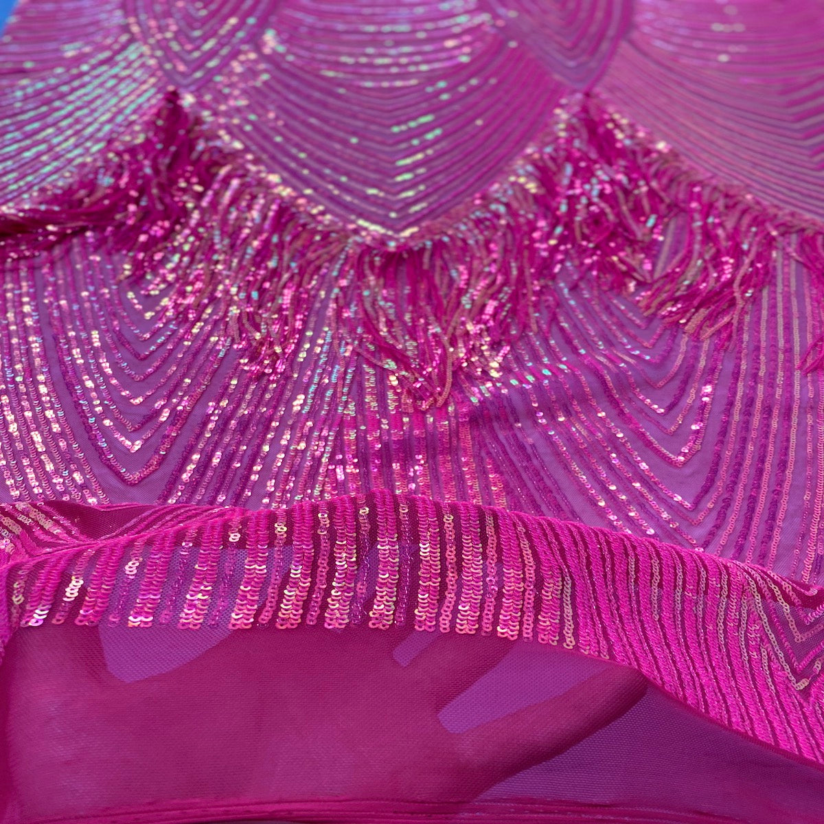 Iridescent Pink Flamingo Fringe Sequins Embroidered Fabric - Fashion Fabrics LLC