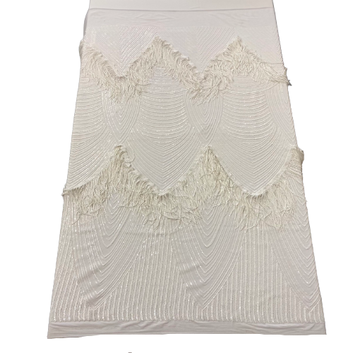 White Flamingo Fringe Sequins Embroidered Fabric - Fashion Fabrics LLC