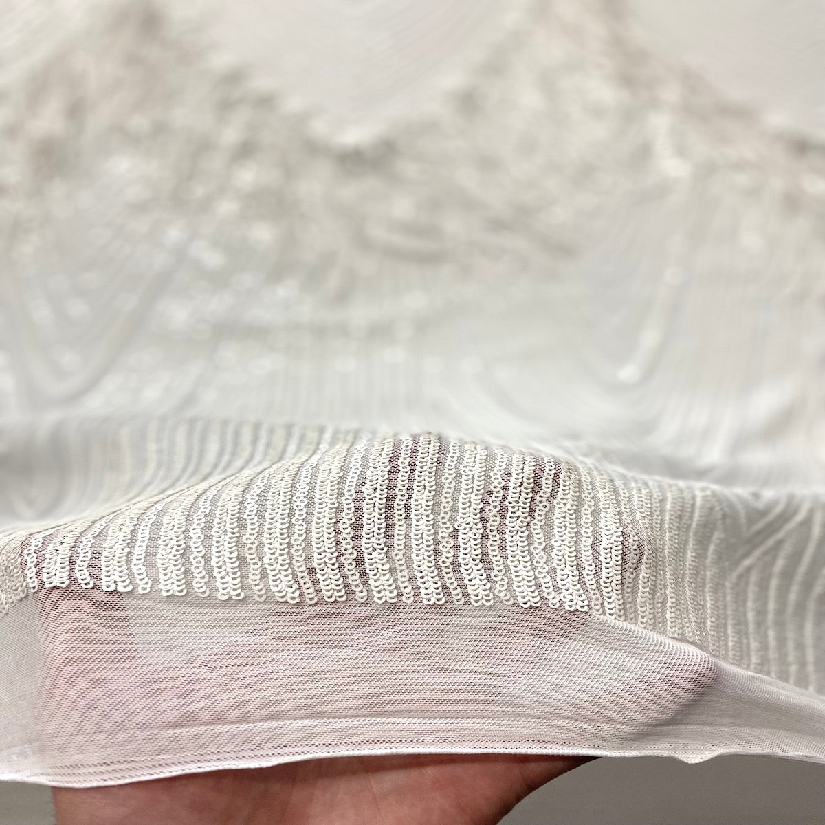 White Flamingo Fringe Sequins Embroidered Fabric - Fashion Fabrics LLC