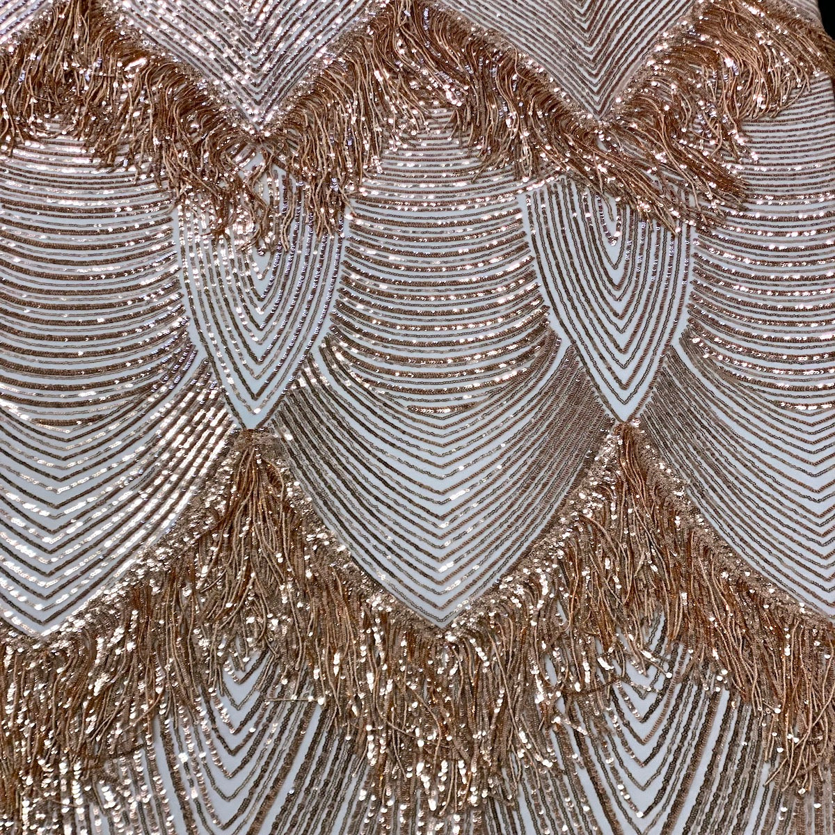 Champagne Gold Flamingo Fringe Sequins Embroidered Fabric - Fashion Fabrics LLC
