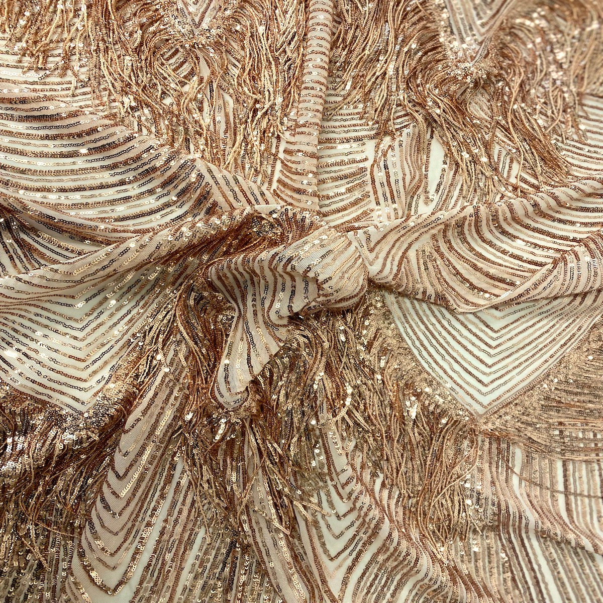 Champagne Gold Flamingo Fringe Sequins Embroidered Fabric - Fashion Fabrics LLC