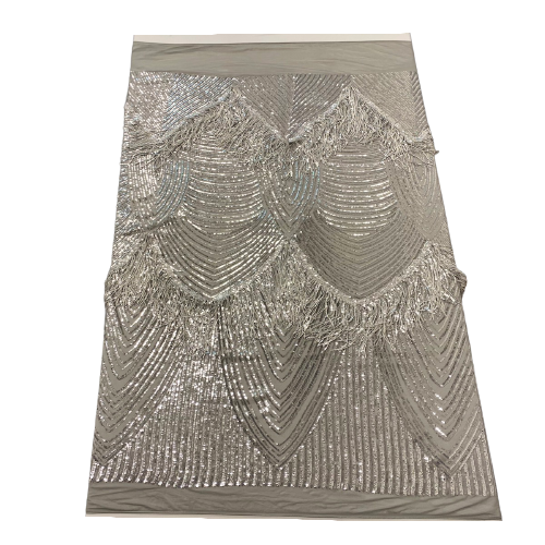 Silver Flamingo Fringe Sequins Embroidered Fabric - Fashion Fabrics LLC