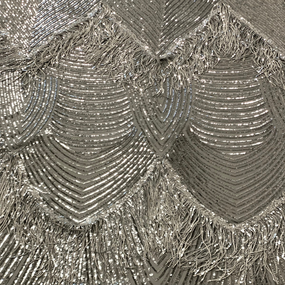 Silver Flamingo Fringe Sequins Embroidered Fabric - Fashion Fabrics LLC