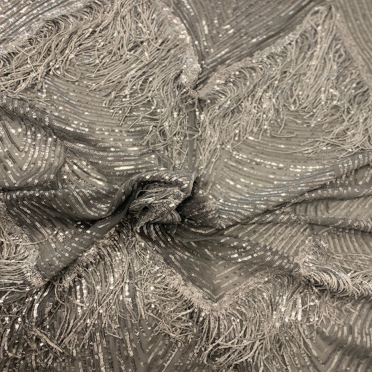 Silver Flamingo Fringe Sequins Embroidered Fabric - Fashion Fabrics LLC