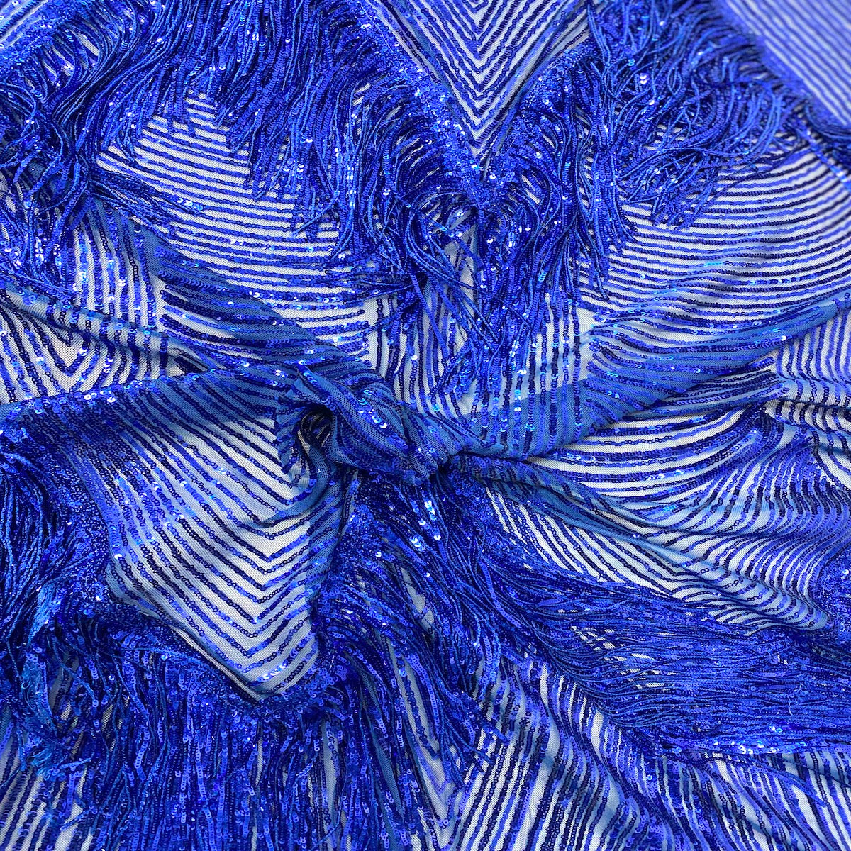 Royal Blue Flamingo Fringe Sequins Embroidered Fabric - Fashion Fabrics LLC