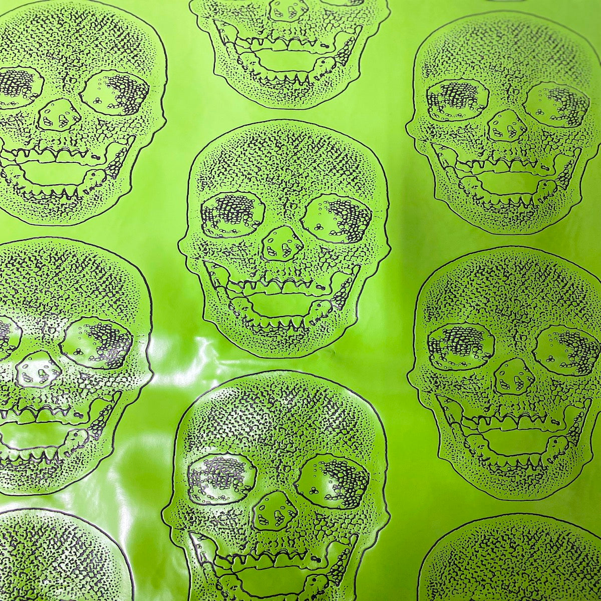 Lime Green Skeleton Skull Vinyl Fabric - Fashion Fabrics LLC