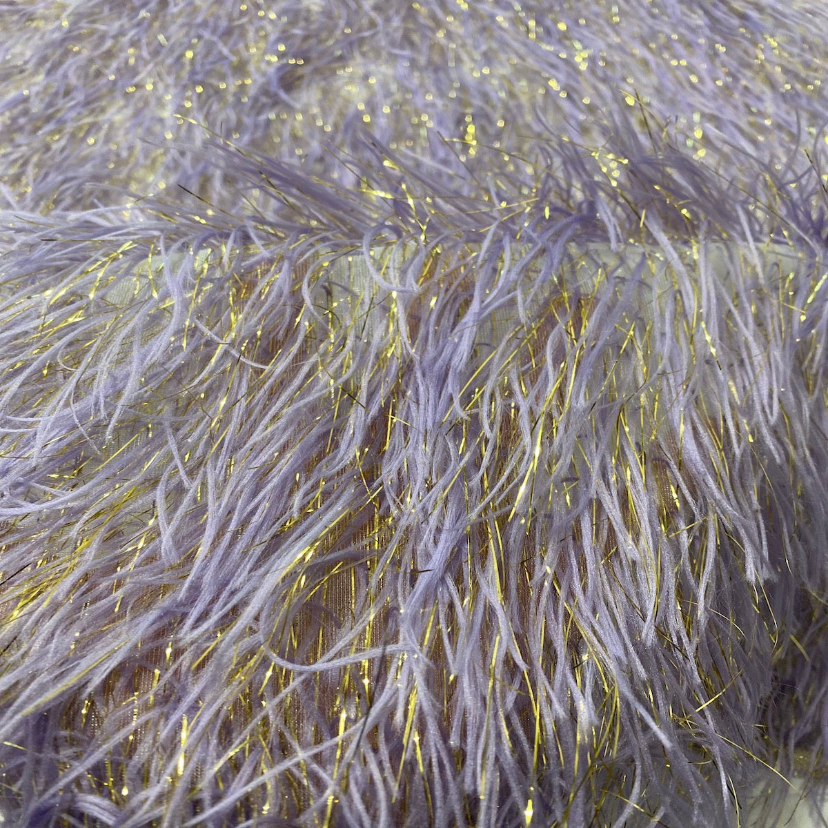 Lavender | Gold Metallic Faux Ostrich Feather Lace Fabric - Fashion Fabrics LLC