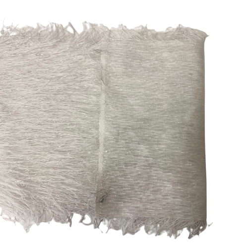 White | Silver Metallic Faux Ostrich Feather Lace Fabric - Fashion Fabrics LLC
