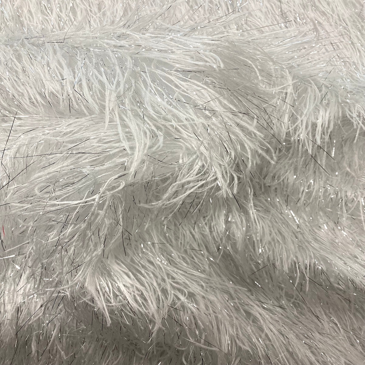 White | Silver Metallic Faux Ostrich Feather Lace Fabric - Fashion Fabrics LLC