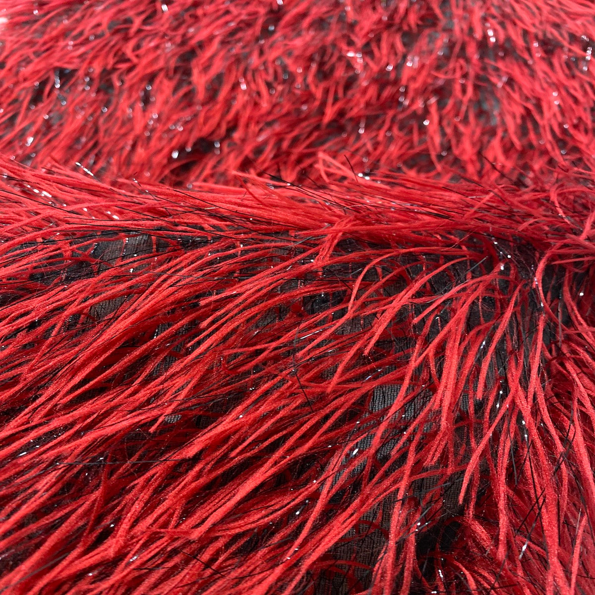 Dark Red | Black Metallic Faux Ostrich Feather Lace Fabric - Fashion Fabrics LLC